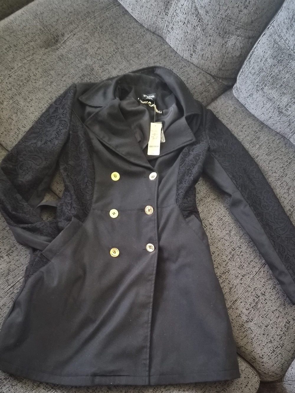 bebe Black Double-Breasted Blazer with Lace Sleeves